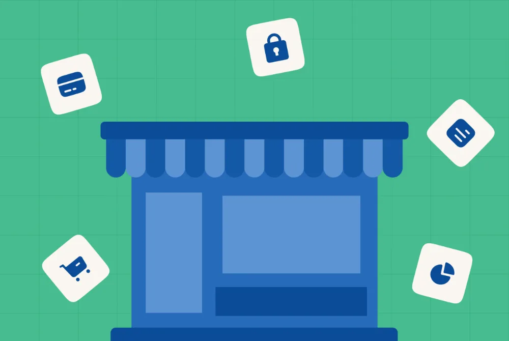 Illustration of a shop front with commerce icons around it — a payment card, a padlock, a shopping cart and two charts.
