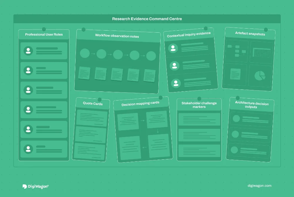 Cover image showing B2B UX research methodology with professional user recruiting, contextual inquiry, workflow evidence, research synthesis, evidence traceability, and product decision mapping.