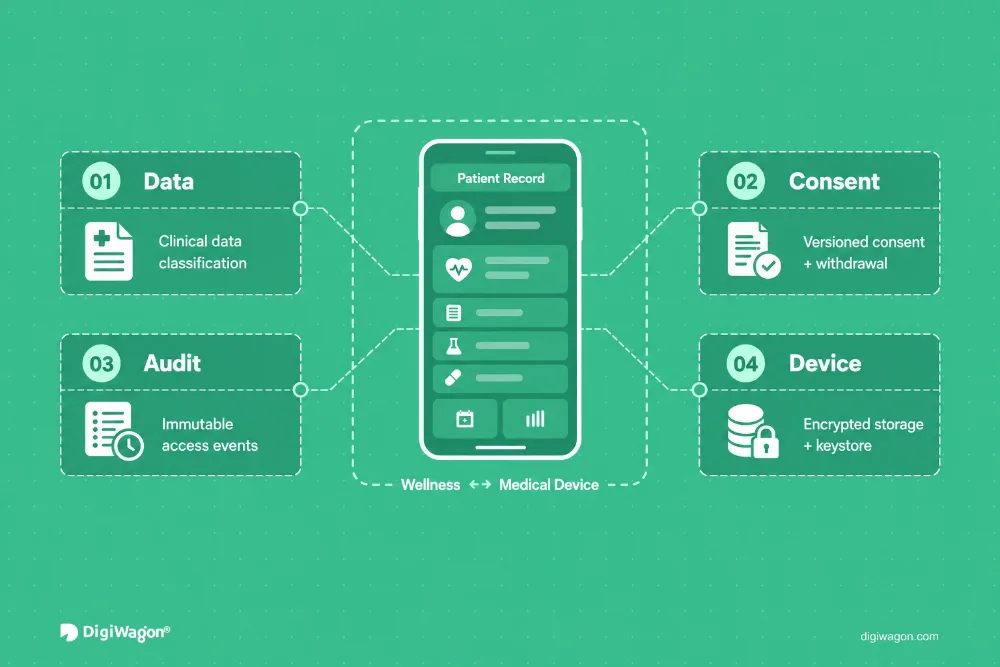 Healthcare mobile app architecture: data classification, versioned consent, audit events and encrypted device storage.