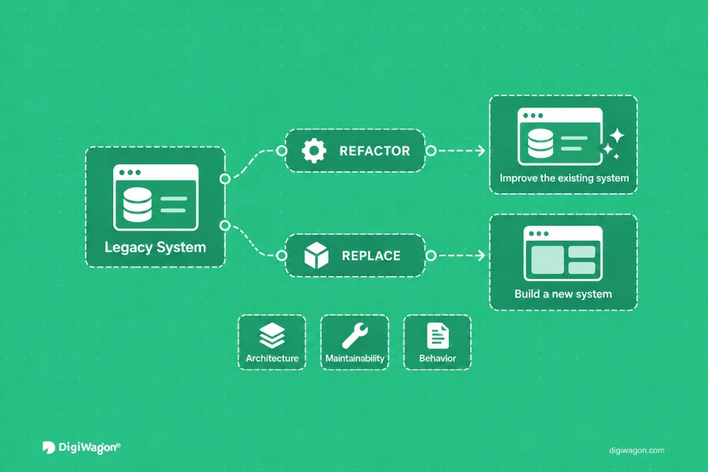Refactor or replace a legacy system, judged on architecture, maintainability and behaviour.