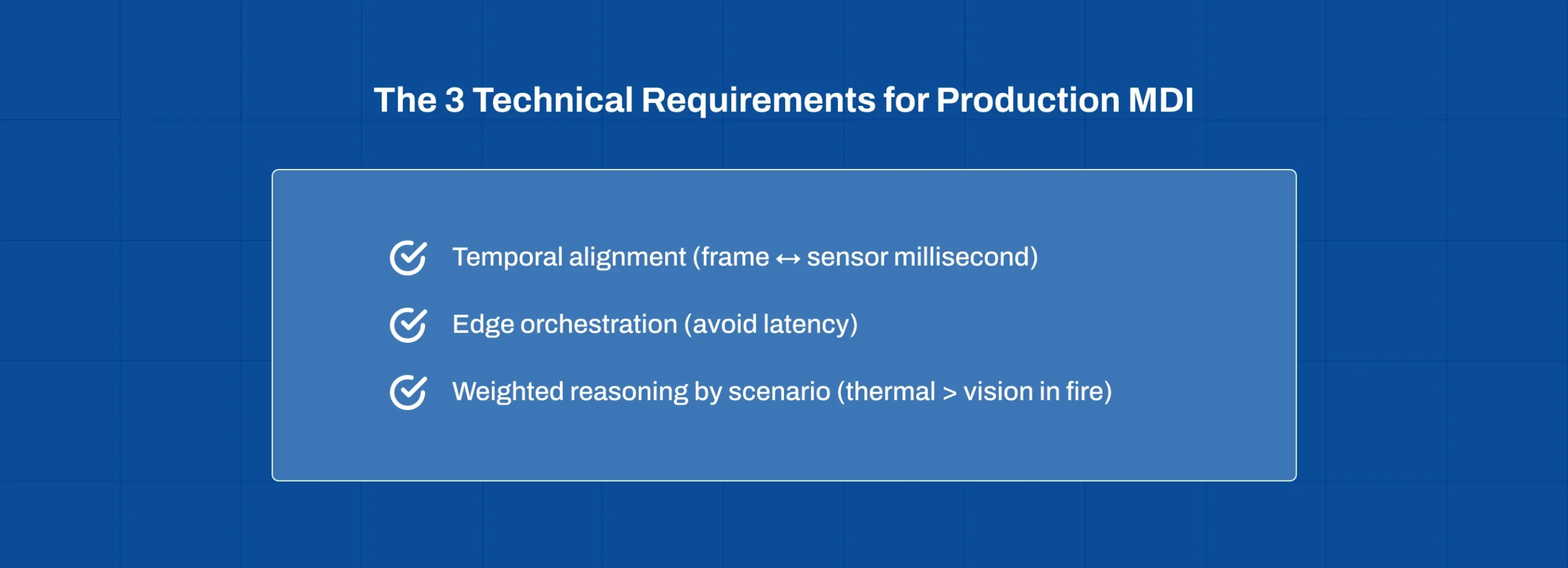 Checklist of production requirements for multimodal decision intelligence including temporal alignment, edge orchestration, and weighted reasoning