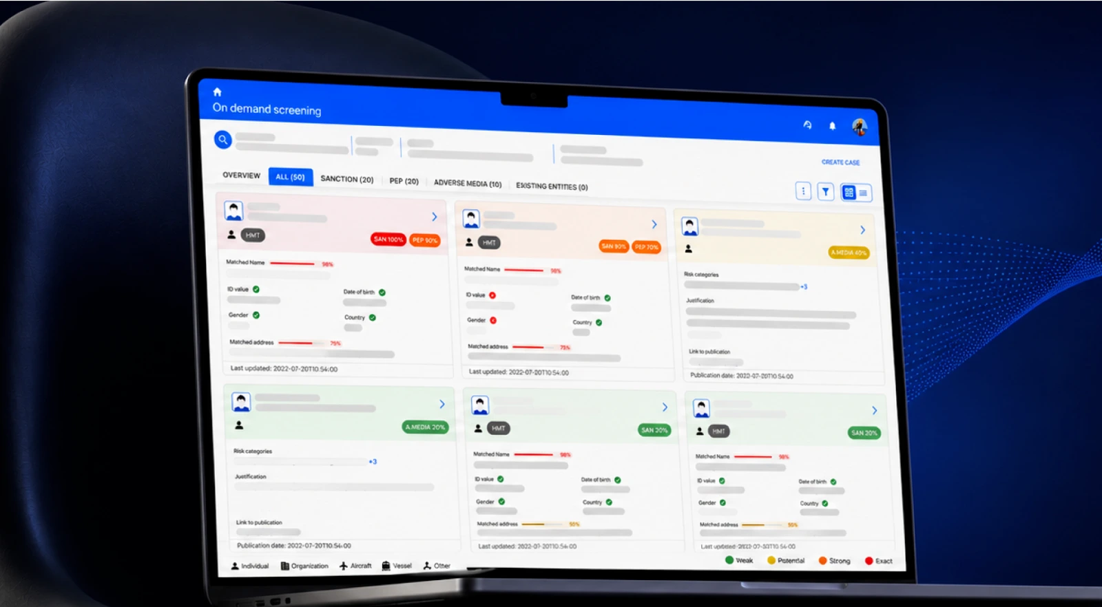 The AI-powered AML screening platform on a tablet, showing a screening queue with match statuses and risk flags.
