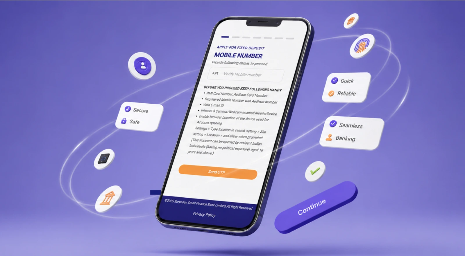 Fixed deposit onboarding on a phone — the application form asking for a mobile number, ringed by secure, quick, reliable and seamless-banking markers.