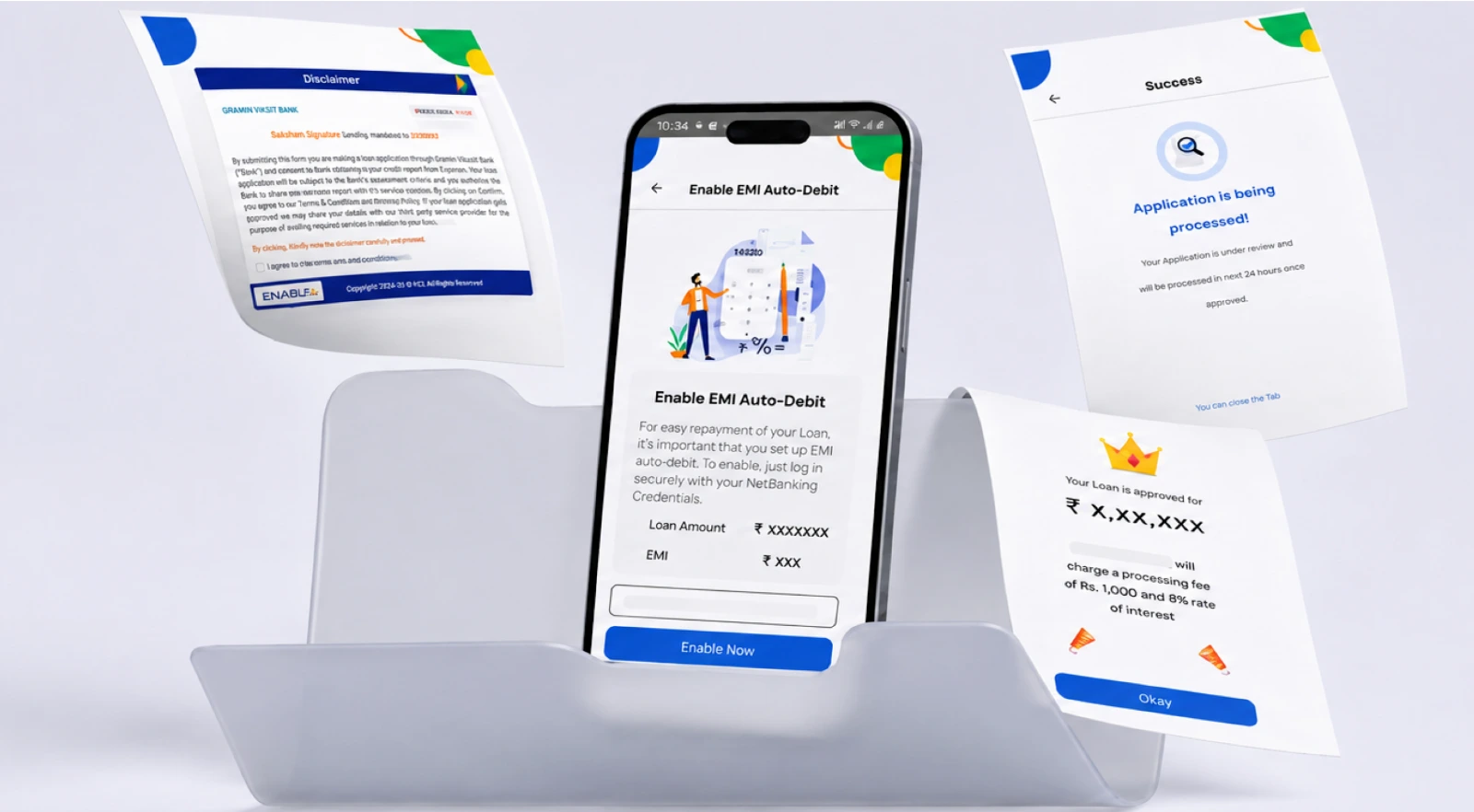 The MSME loan application on a phone in a stand, surrounded by floating approval and disbursement screens.
