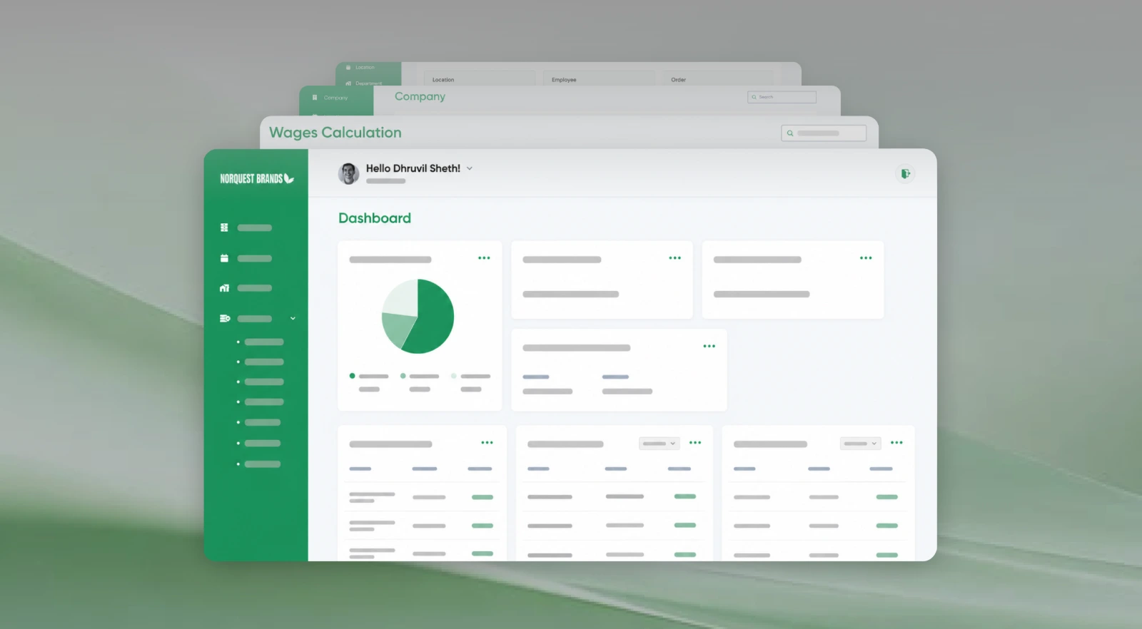 The NQBPL production and wages dashboard shown as a stack of layered screens on a green ground.