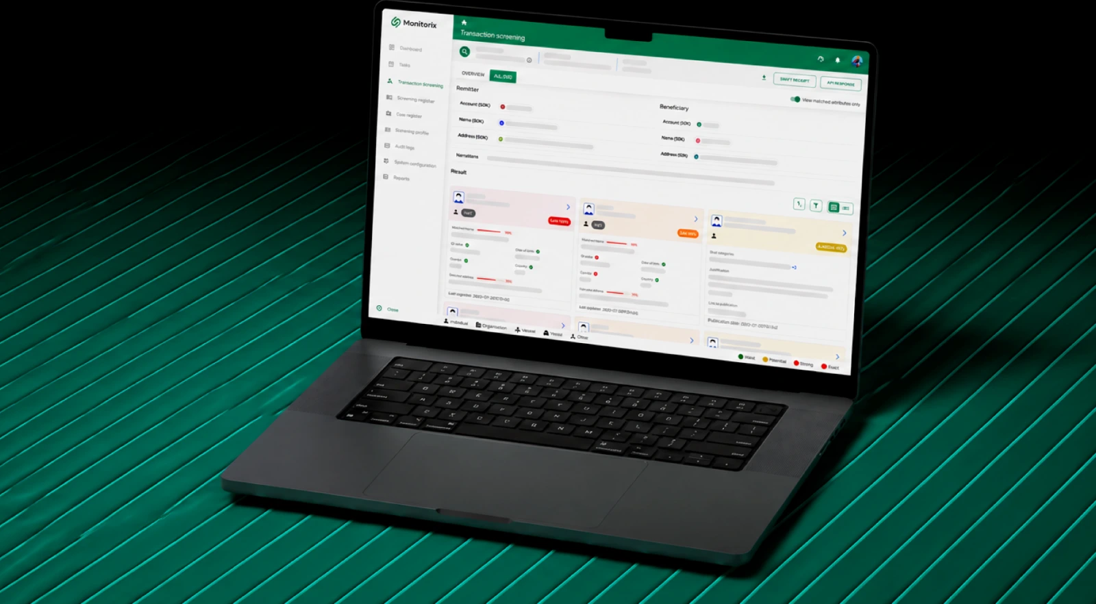 The real-time payment screening console on a laptop against a green backdrop, showing a live transaction queue.