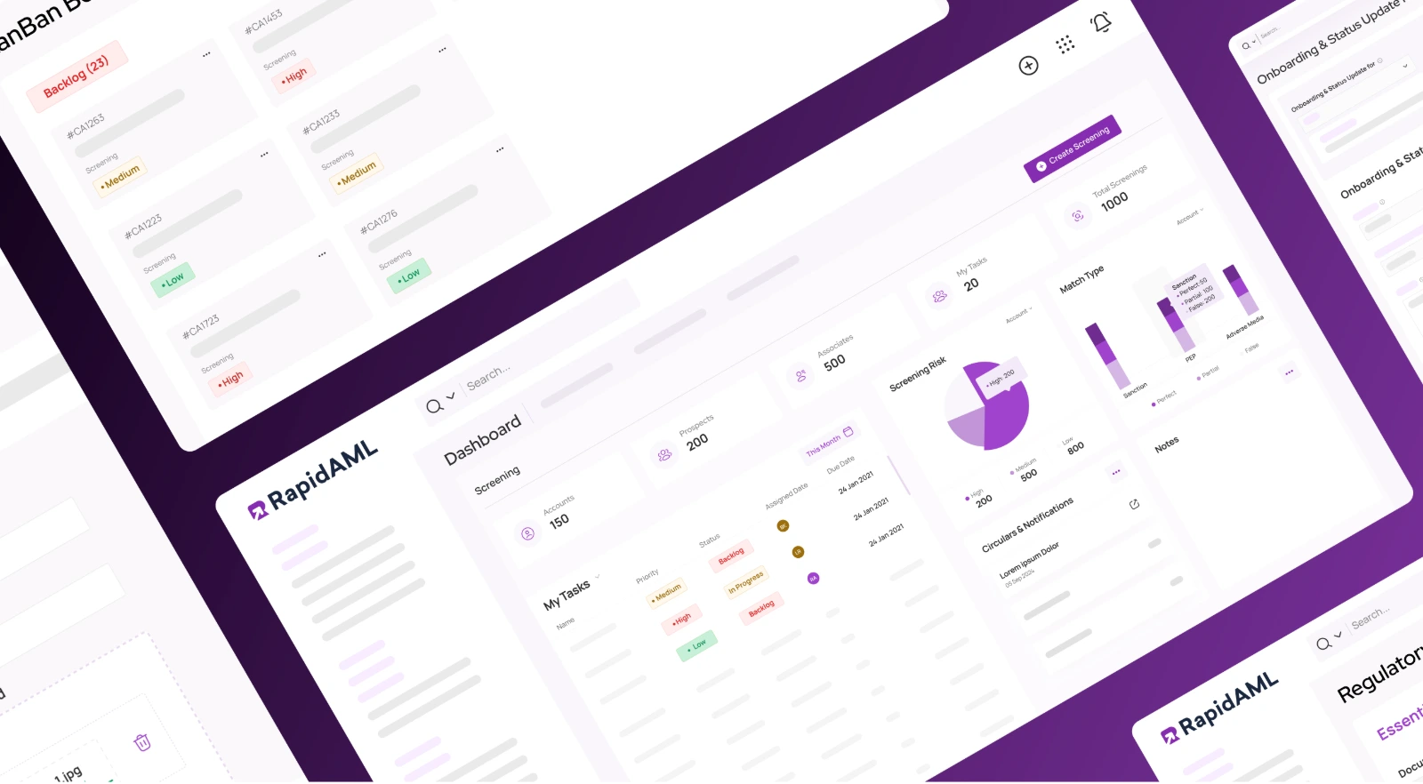 RapidAML AML compliance software dashboard and customer screening interface designed by DigiWagon for enterprise RegTech SaaS.