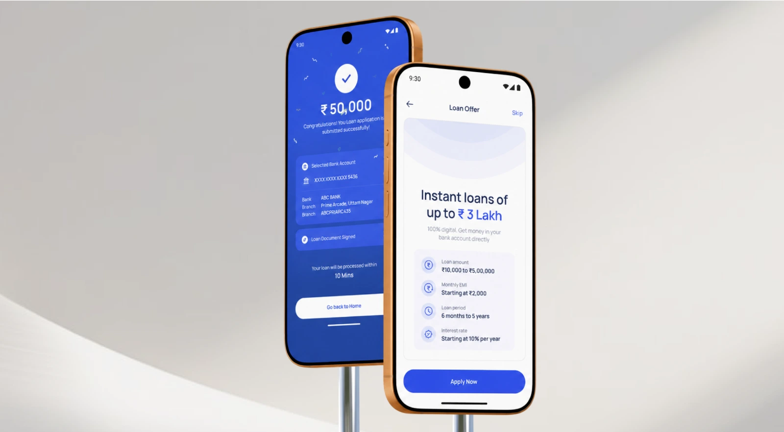 The SmartLend personal loan app on two phones, showing an instant loan offer and the application flow.