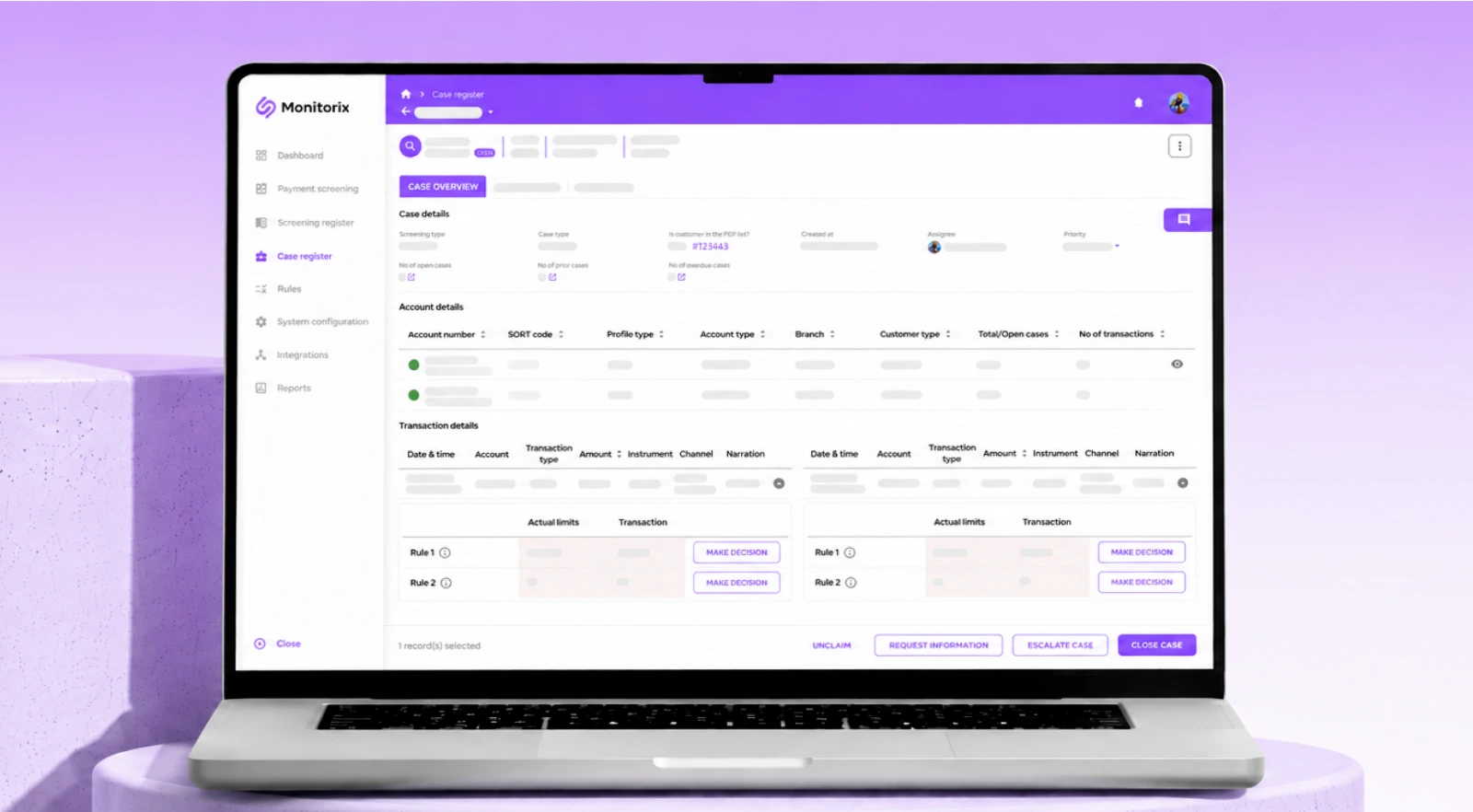 The transaction monitoring dashboard on a laptop against a lilac backdrop, showing an alert queue with risk scores.