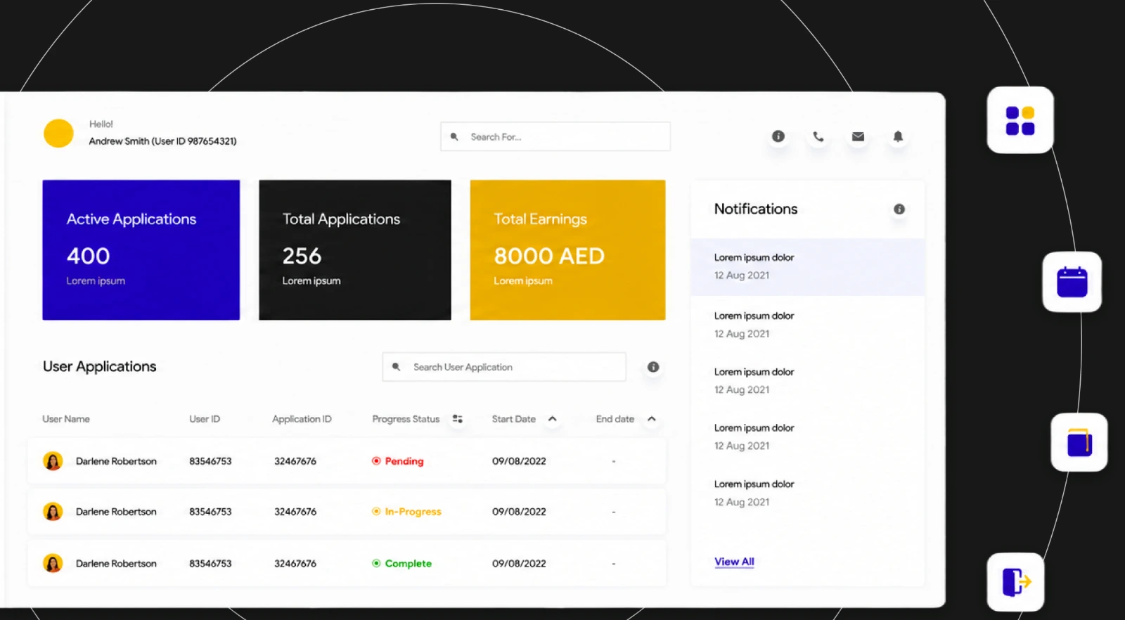 The Xanado business setup dashboard showing active and total applications, earnings and notifications, ringed by feature markers.