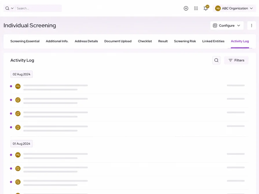 Audit trail and activity log showing user actions, compliance history, and system events for AML investigations.