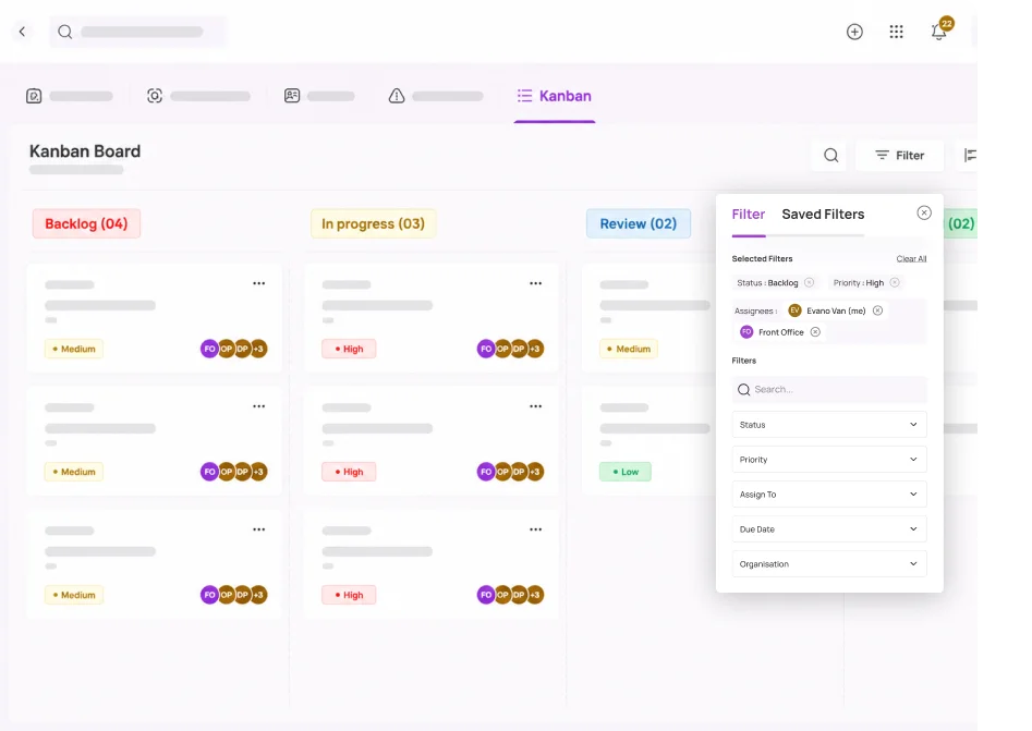 Kanban based AML case management dashboard designed for RapidAML to help compliance teams track investigations, alerts, and case progress