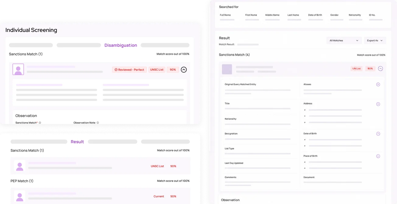 AML screening interface with sanctions screening, PEP matching, adverse media checks, and customer screening results.