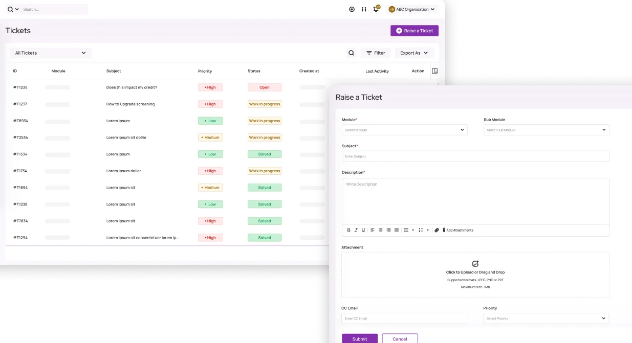 Integrated support ticket management interface within the RapidAML enterprise AML compliance software.