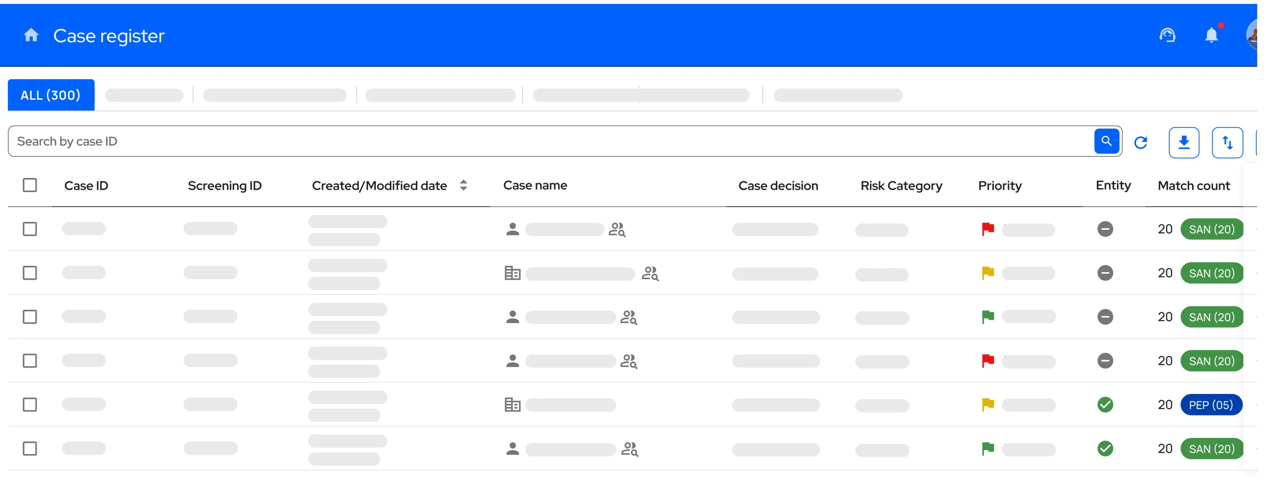 The case register — an investigation workspace listing cases with decisions, risk categories, priorities and match counts.