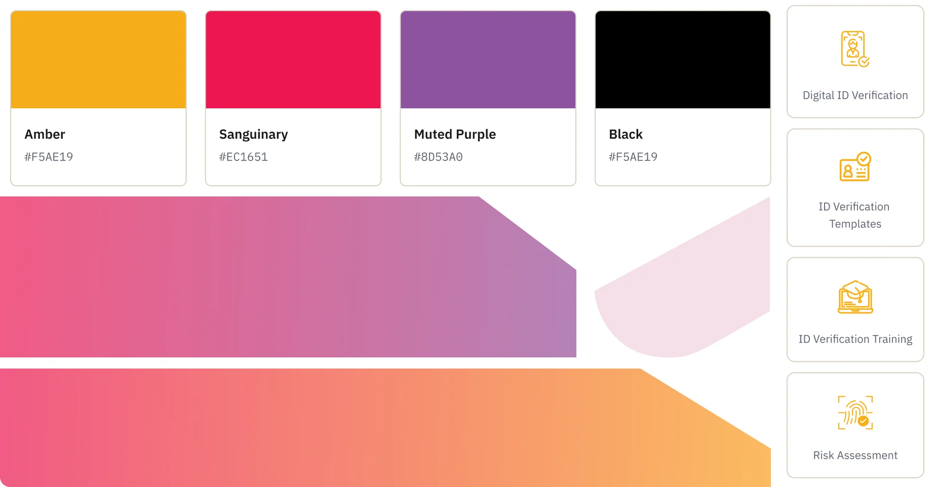 The site's visual language for resources — brand colour swatches beside the icon set for verification, training, risk assessment, KYC/CDD and transaction monitoring content.