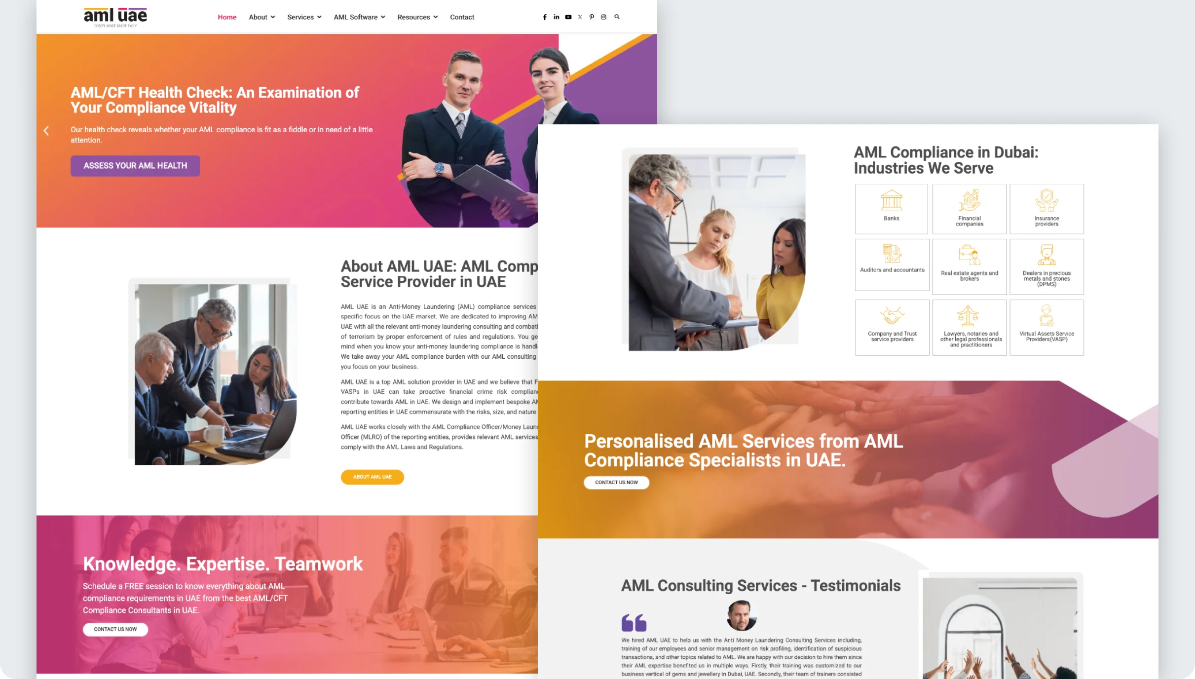 Two full-page views of the AML UAE website — minimal layouts with clear hierarchy pairing regulatory seriousness with an approachable reading experience.