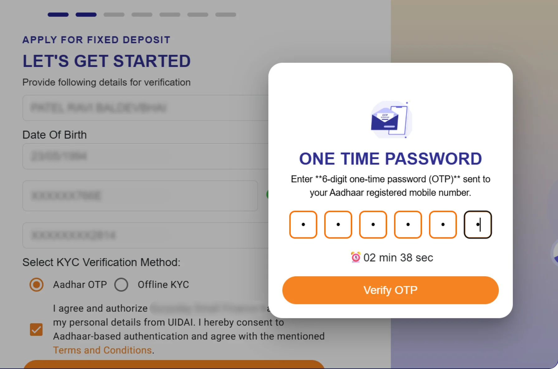 Verification step of the FD application with an Aadhaar one-time-password dialog — six OTP digits, a countdown timer and a Verify OTP button.