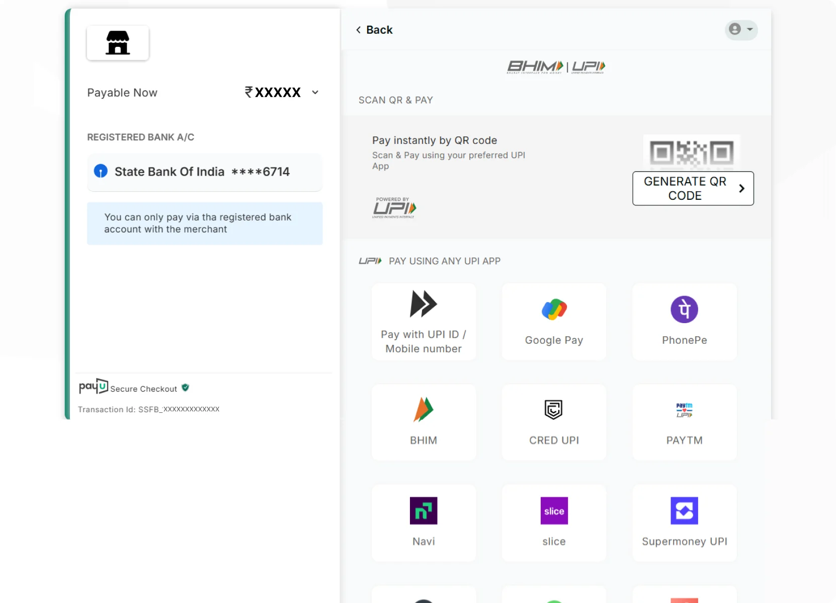 PayU secure checkout beside a BHIM UPI payment sheet — registered bank account, QR-code generation and UPI app options.