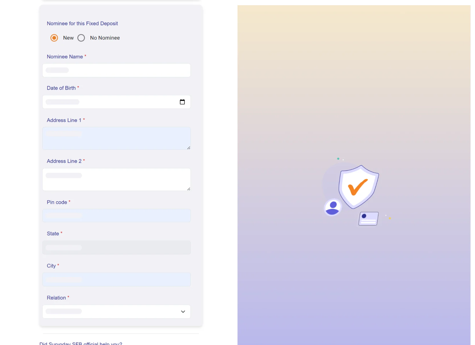 Nominee details form in the onboarding journey — name, date of birth, address, PIN code, state, city and relation fields.