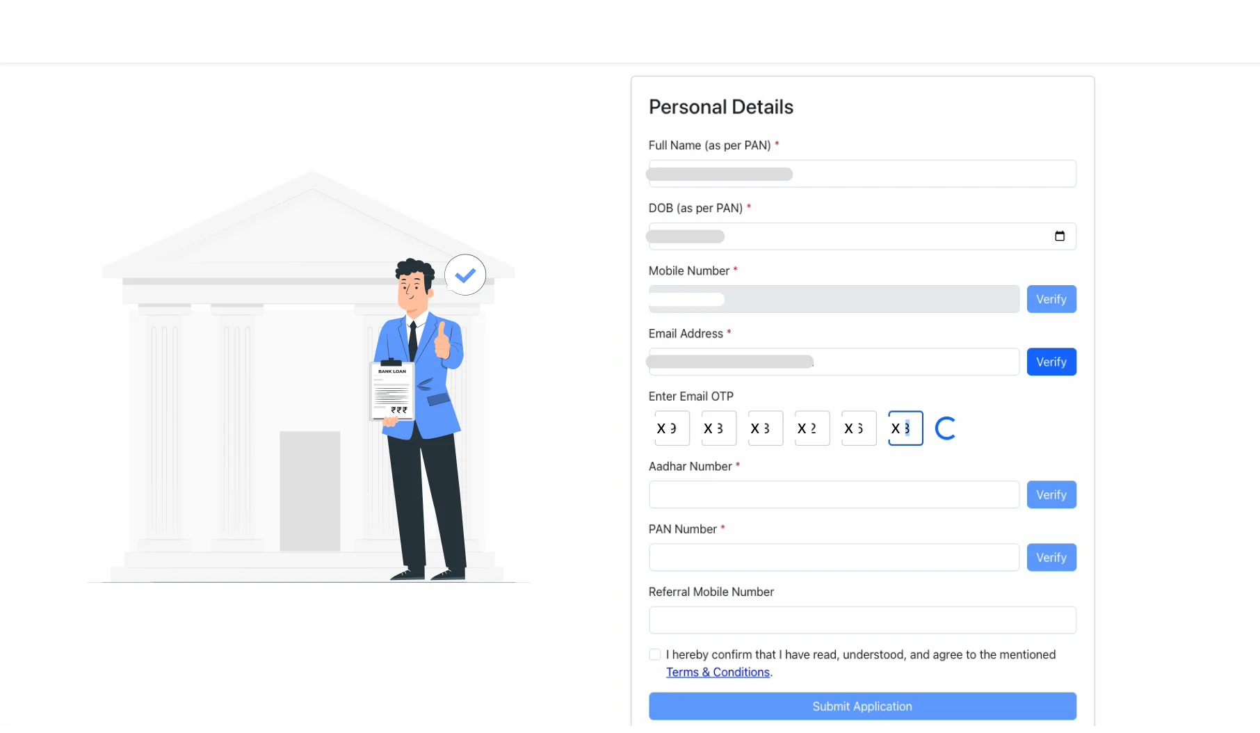 The customer portal — digital loan application with document upload and real-time application status tracking.