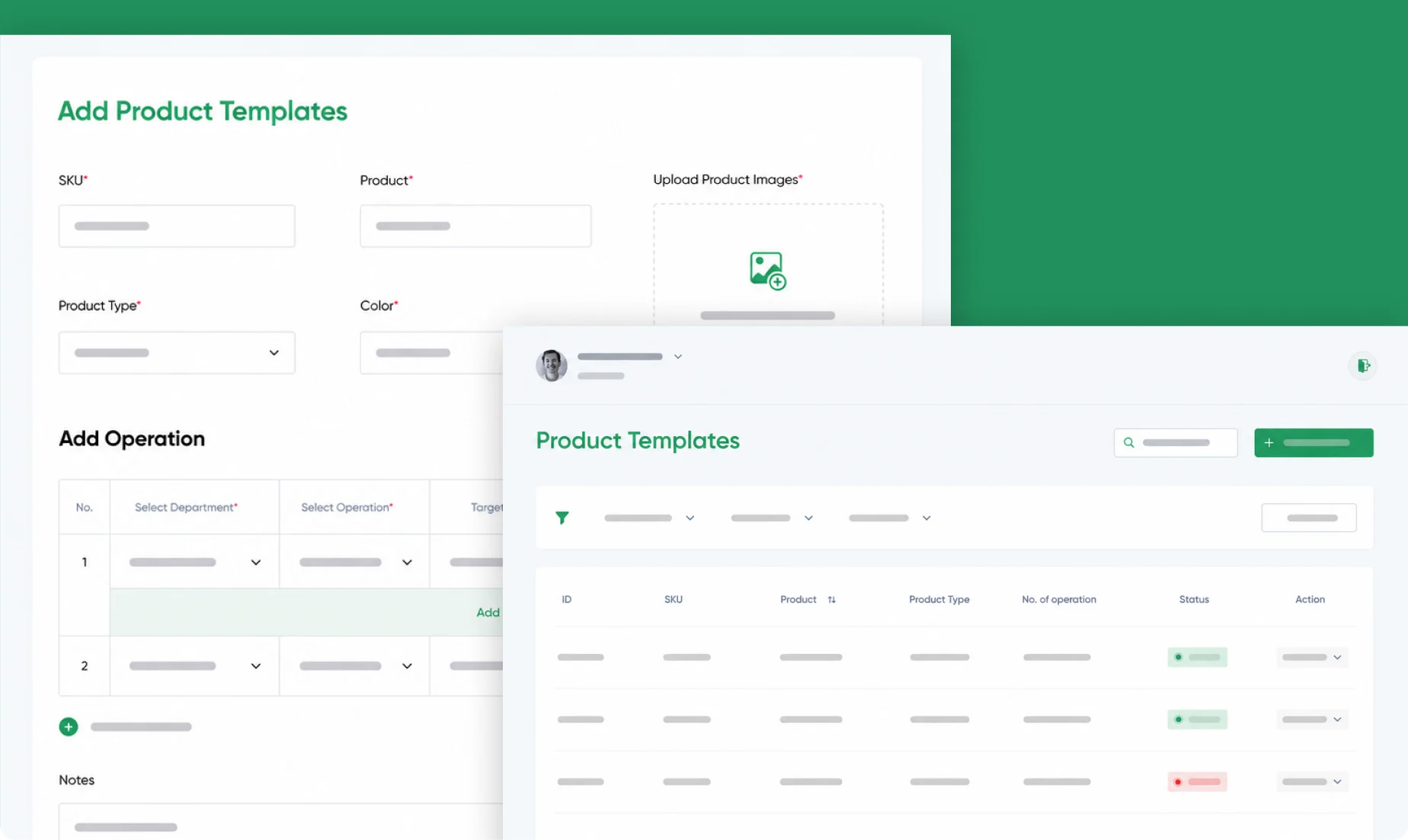 Versioned product templates — production workflows preserved per version with fixed and evolving steps.