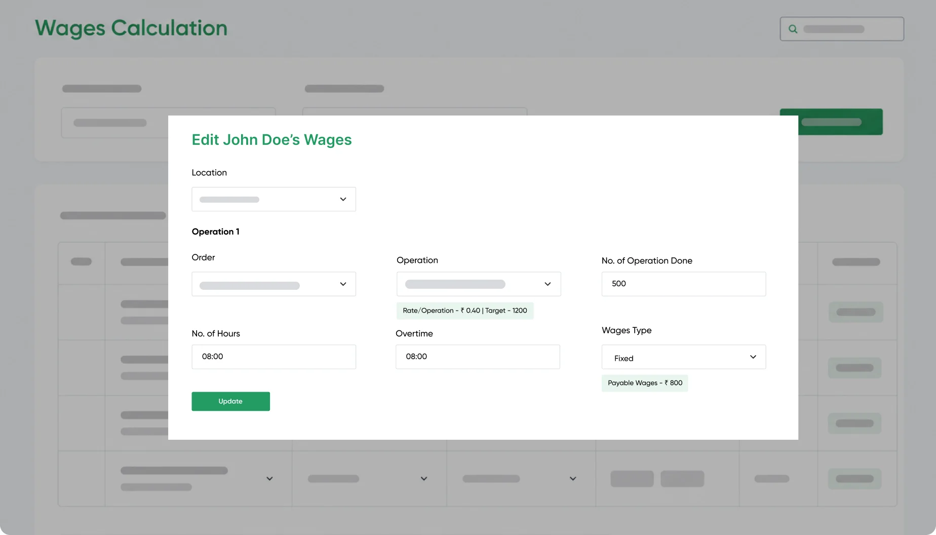The wage calculation view — rules-driven daily, hourly and task-based wage models computed from work output and attendance.