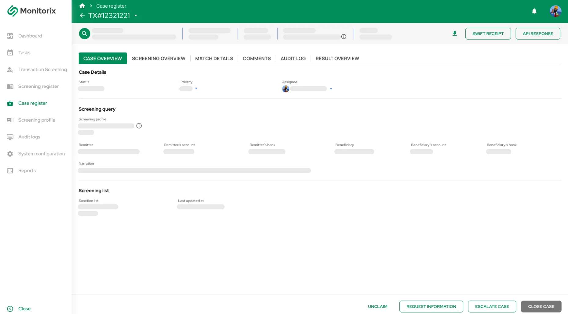 The case overview — screening query, match details, comments and audit log with claim, escalate and close actions.