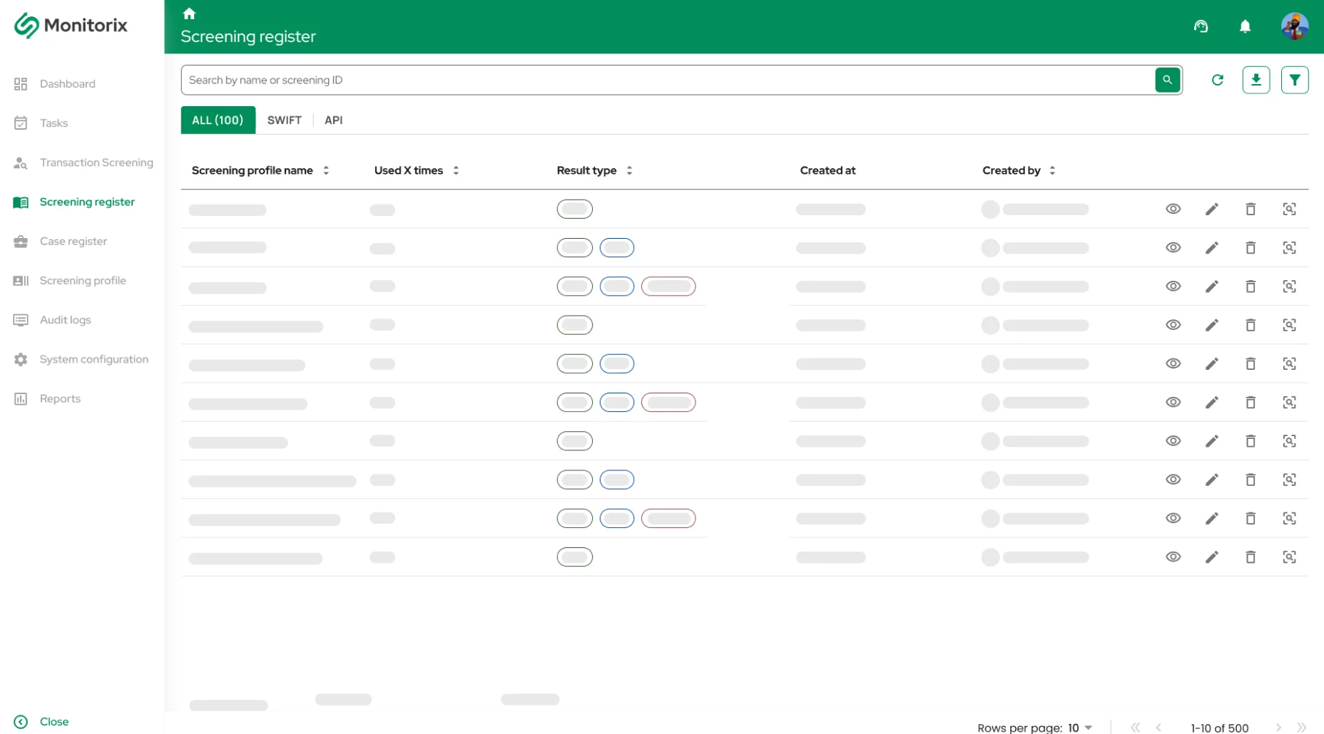 The screening-profile register — synchronised sanctions and watchlist sources with usage counts, result types and update history.