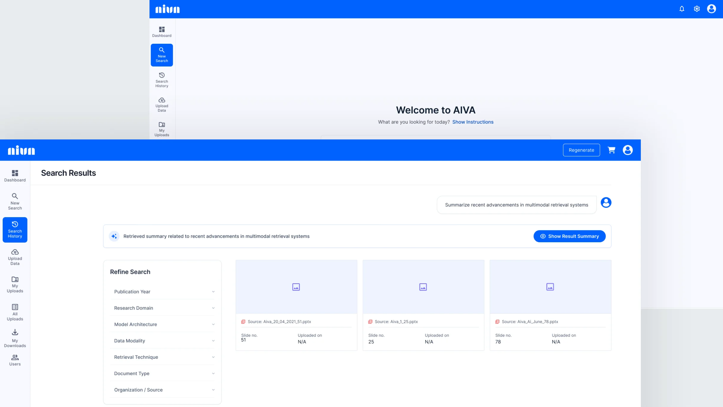 The assistant's welcome screen and a search-results view — a natural-language query about multimodal retrieval systems with retrieved slides, refine-search filters and a result summary.