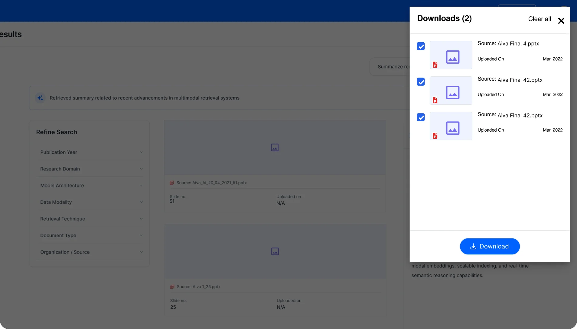 The downloads panel over the results view — selected source files gathered into a cart with a single download action.