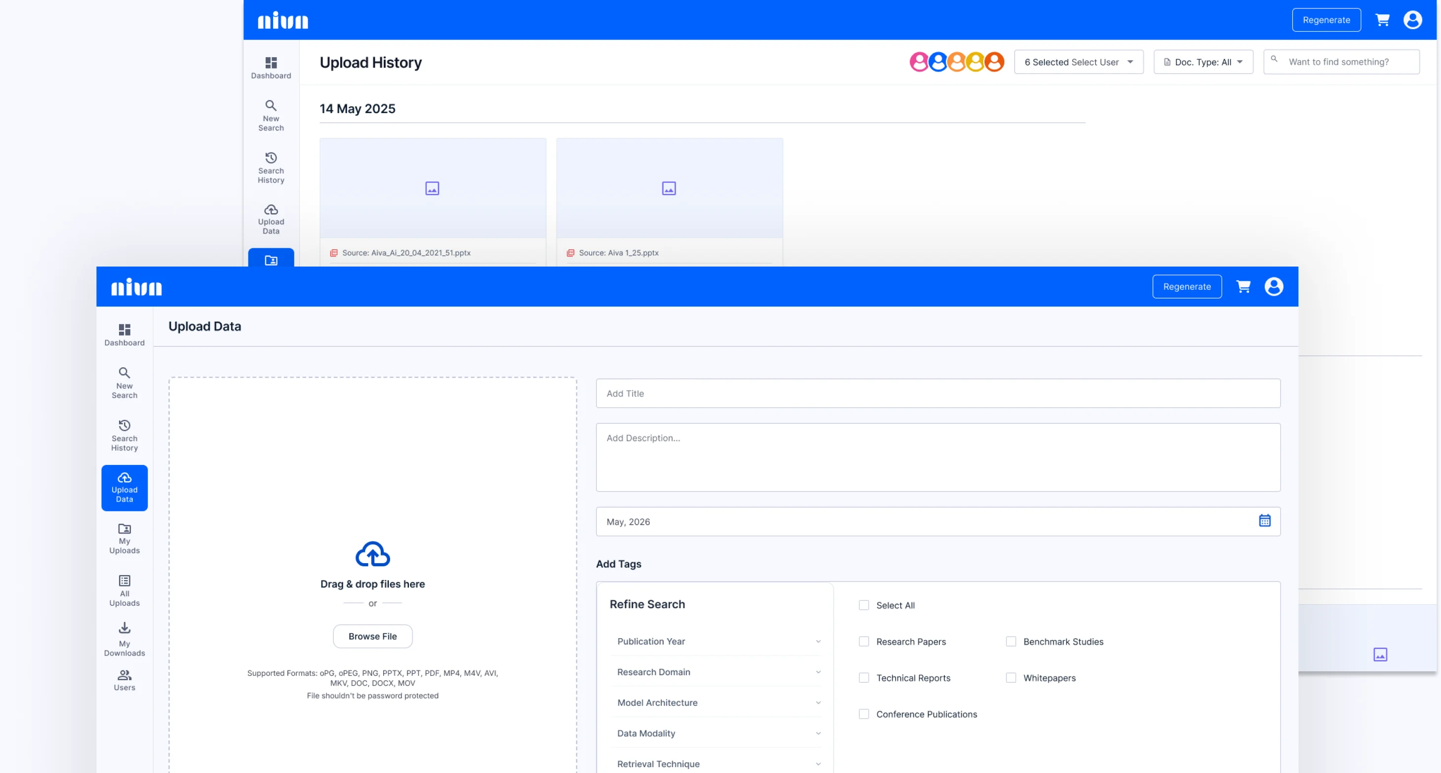 The upload-history view — documents of different formats listed with type, upload date and processing status for multiple users.