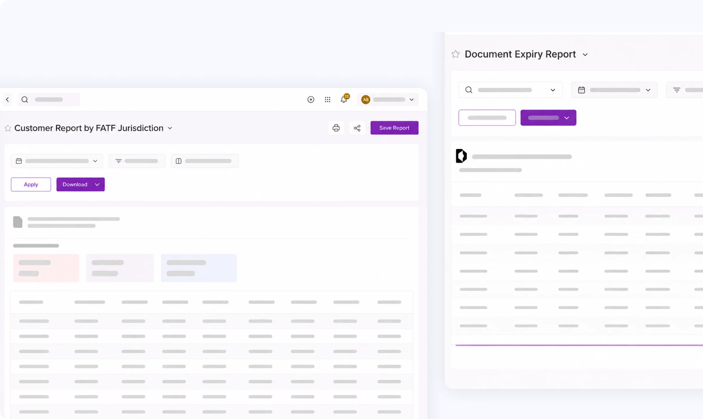 AML compliance reporting dashboard with regulatory reports, FATF jurisdiction filters, and downloadable customer reports.