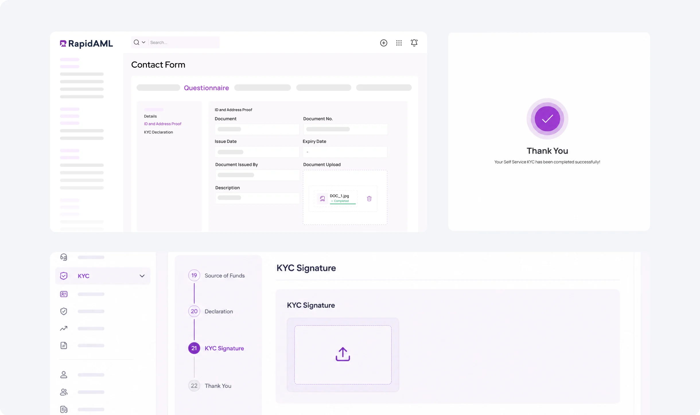 KYC onboarding workflow with customer document verification, digital signature, and identity validation in the RapidAML compliance platform.