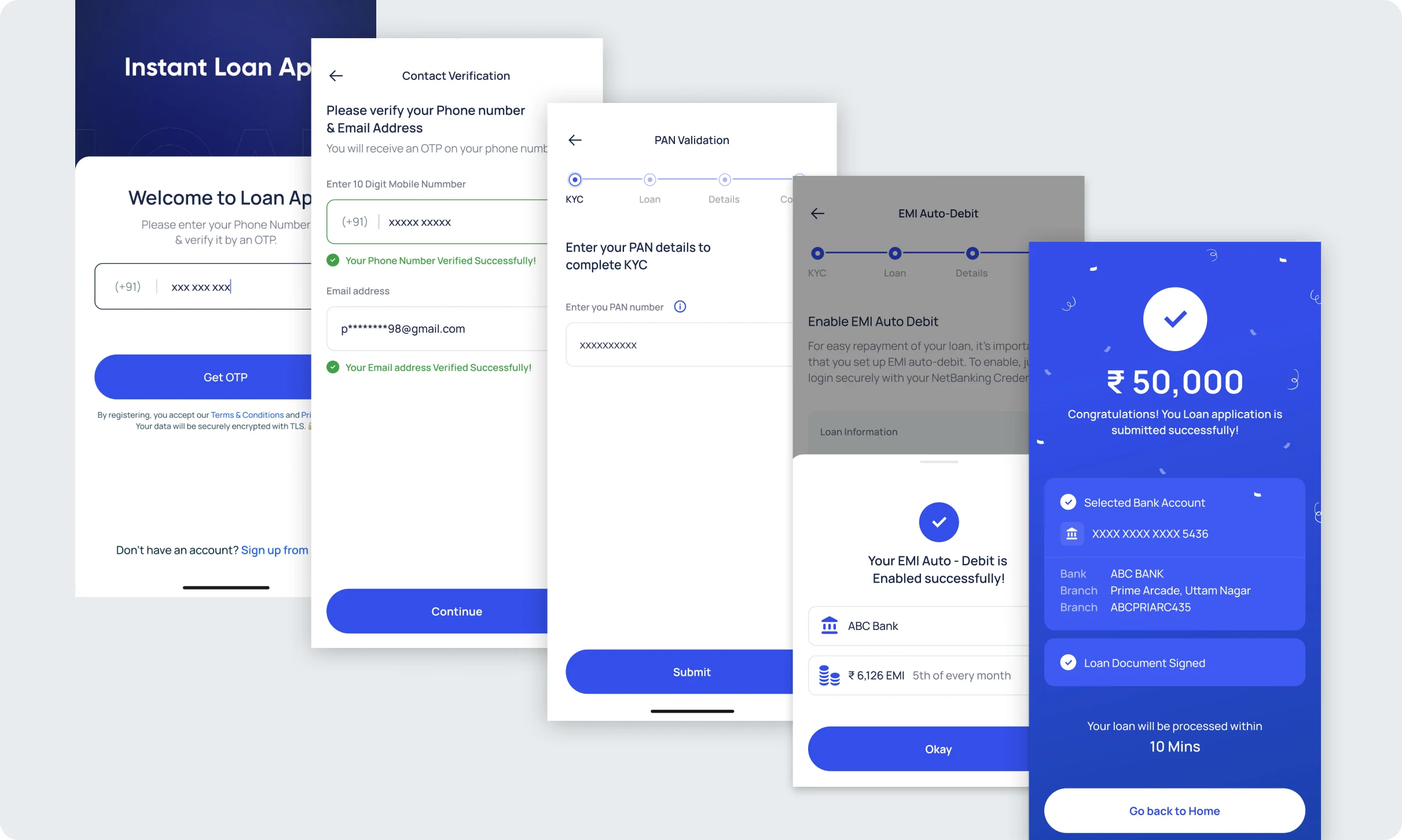 Customer-app screens across the compliant loan journey — identity verification, consent, loan status and repayment views.