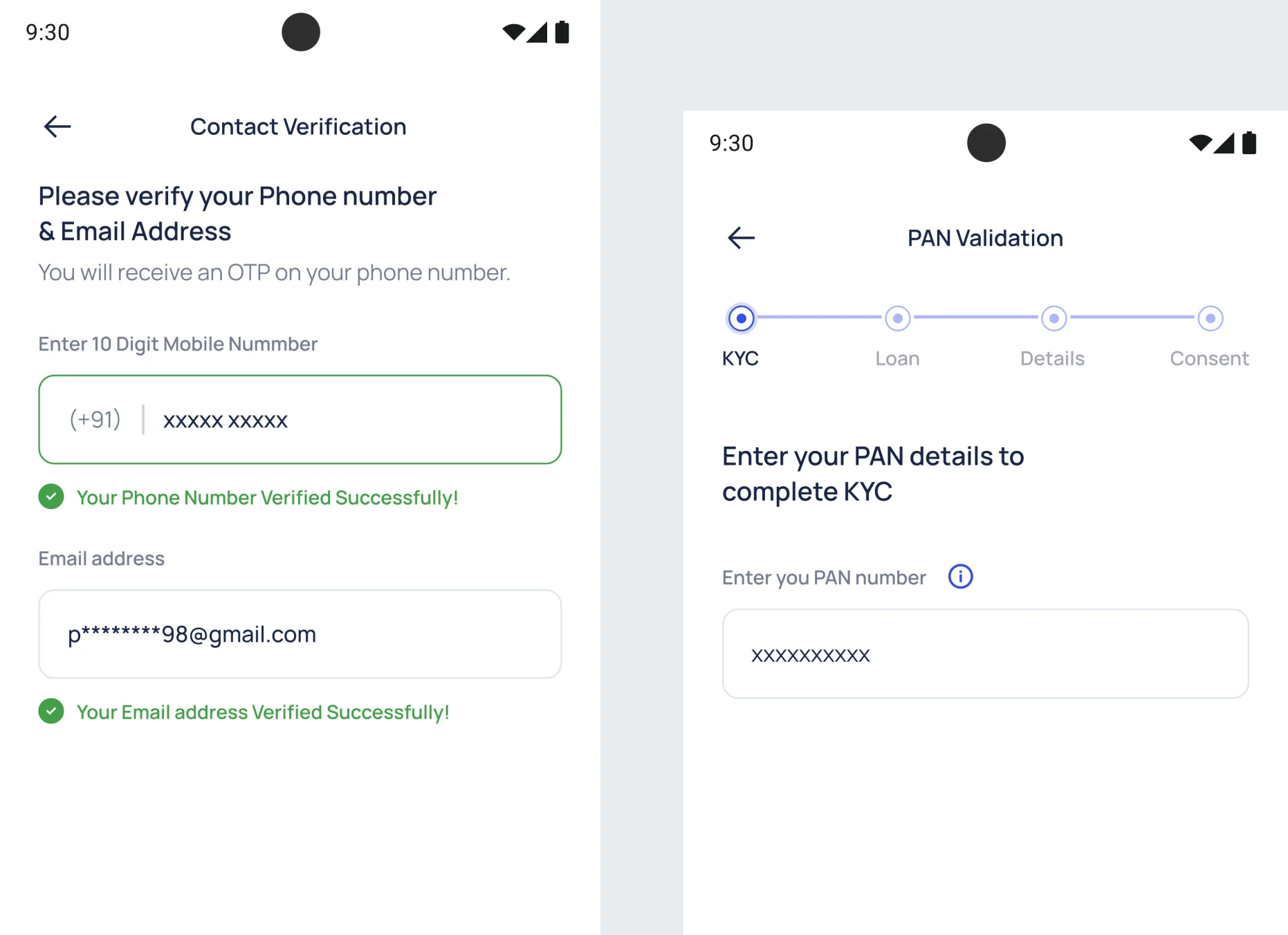 The eligibility flow — minimal-entry application steps with instant eligibility feedback on mobile.