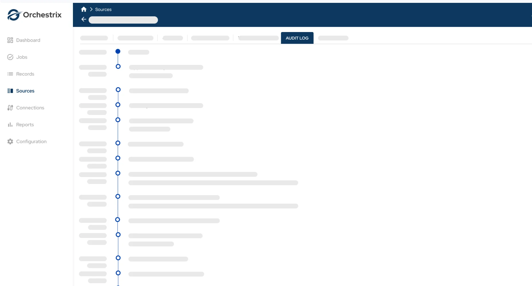 The audit log — approvals, modifications and analyst actions recorded with timestamps along a change timeline.
