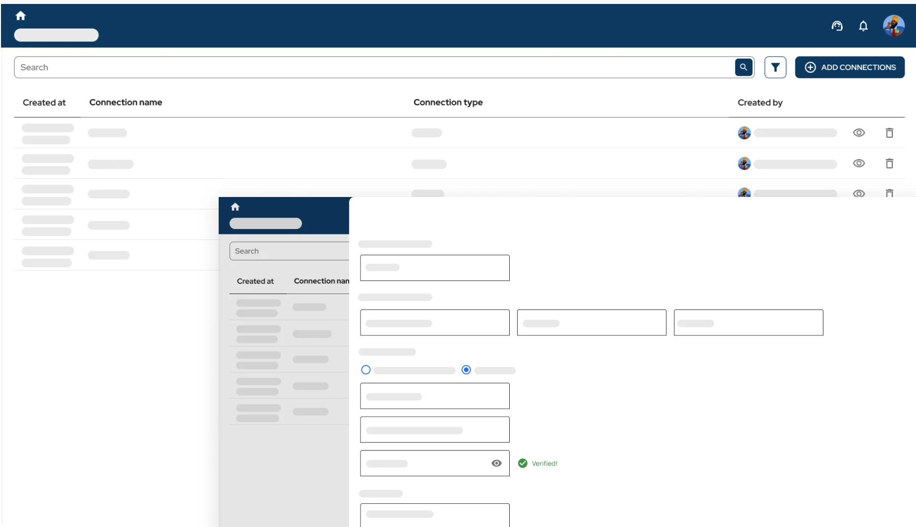 The connection register — centralised SFTP and email-server connections with type, creator and configuration dialogs.
