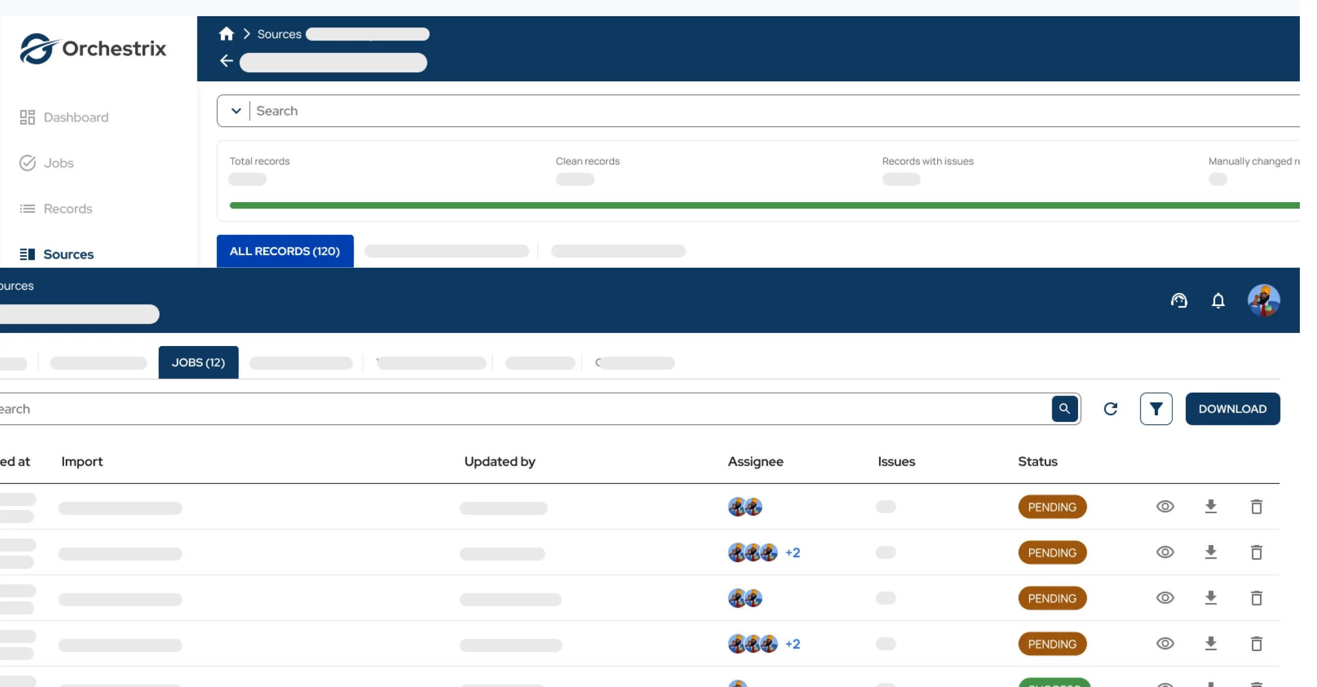 The jobs view — imports generated automatically on file receipt, with record counts, assignees, issues and statuses.