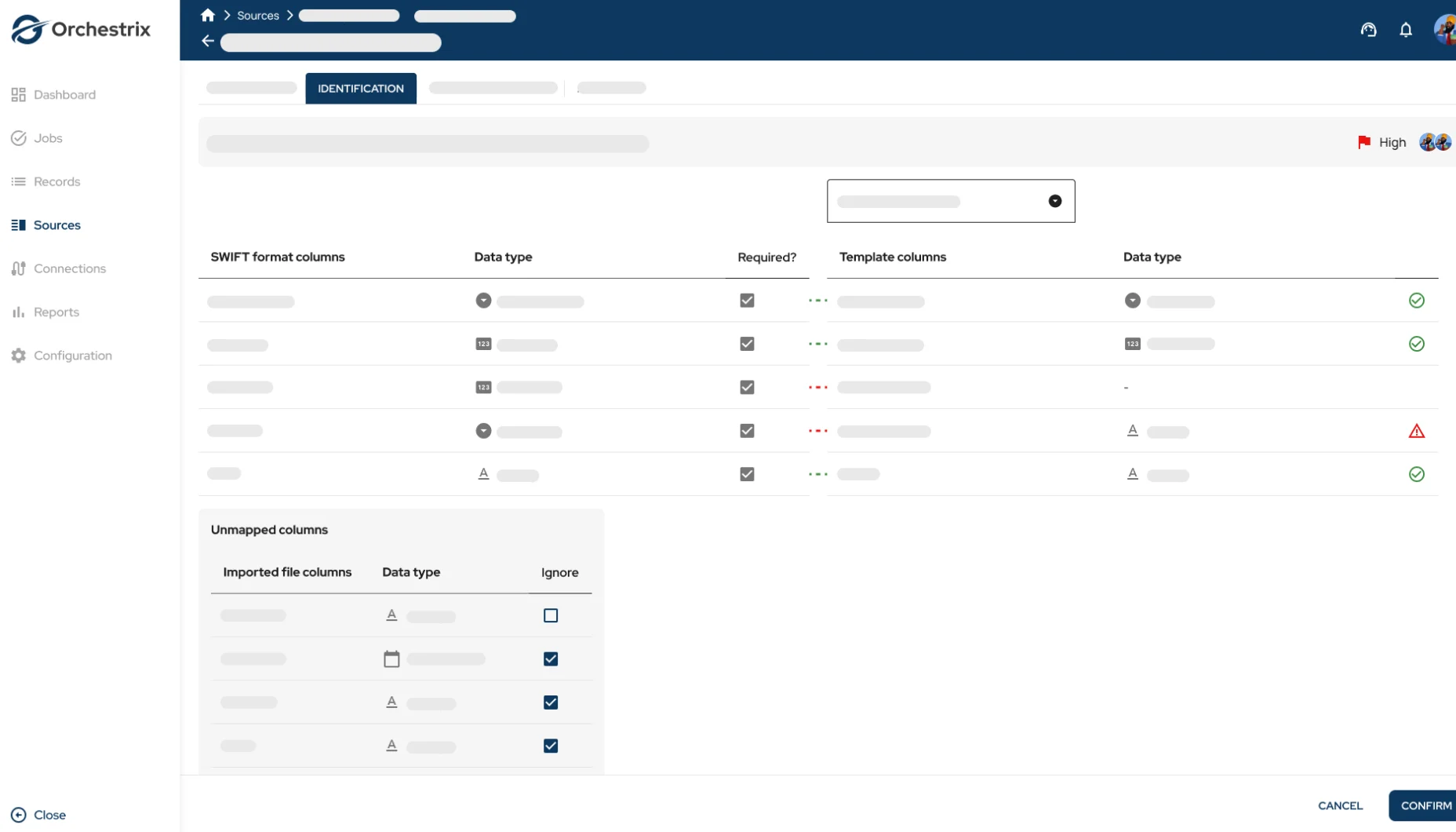 The source-mapping view — SWIFT format columns matched to data types and template columns for routed processing.
