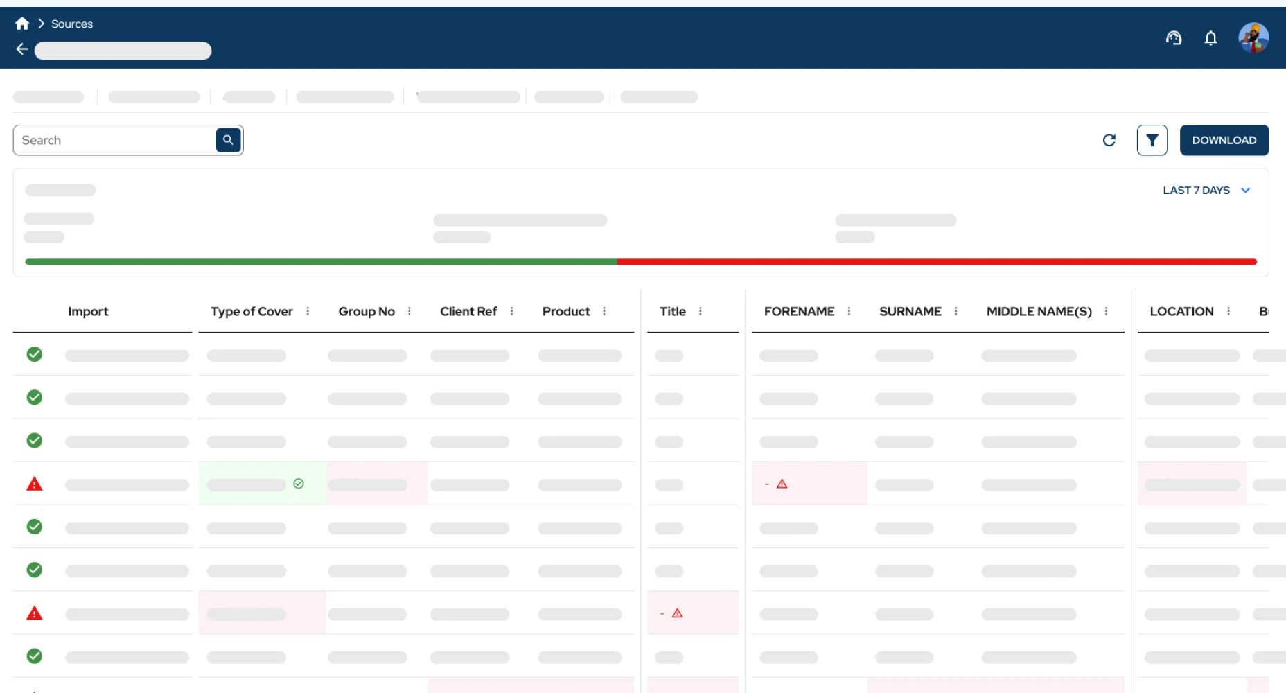 The records dashboard — validated rows with per-field statuses, flags and issue highlights across active jobs.