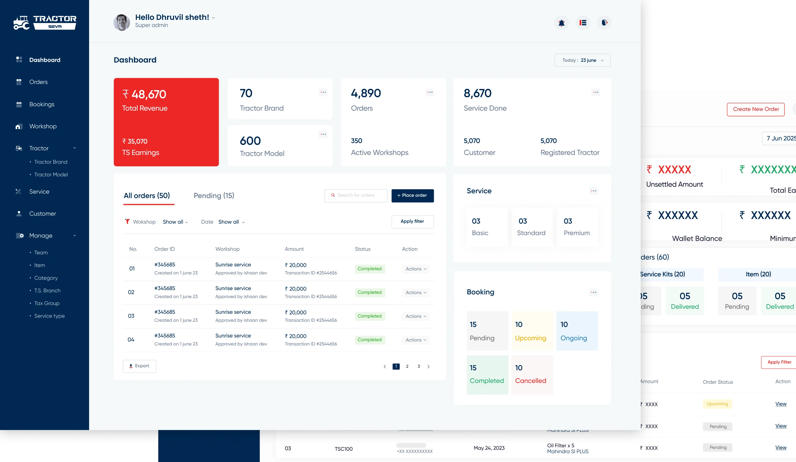 The super-admin dashboard — platform-wide bookings, workshops and purchase orders in one control panel.