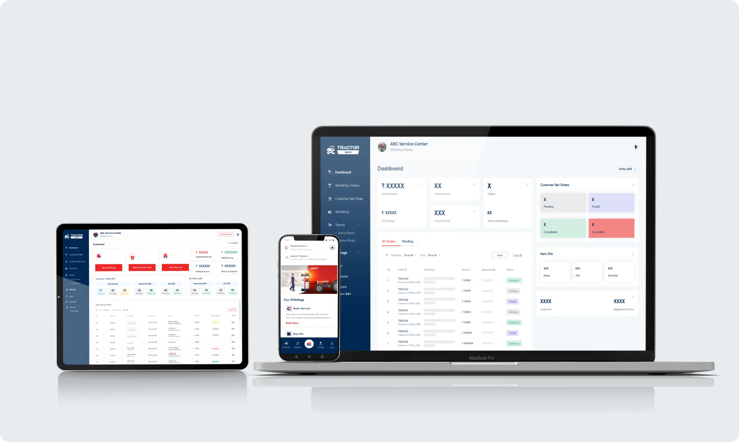 The platform across devices — the workshop dashboard on desktop beside the customer mobile app.