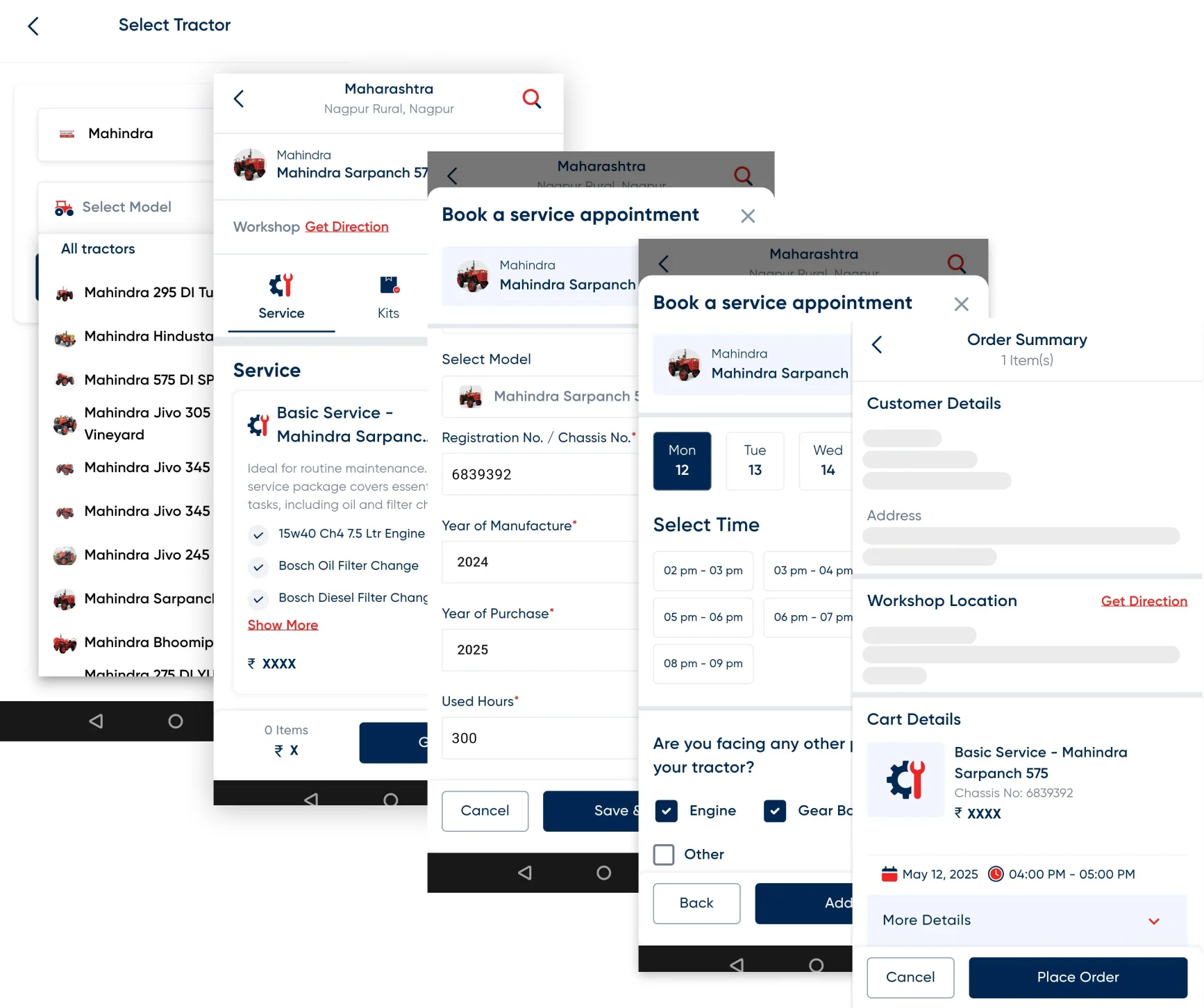 Four customer-app screens of the booking journey — choosing a service, scheduling, confirmation and live status tracking.