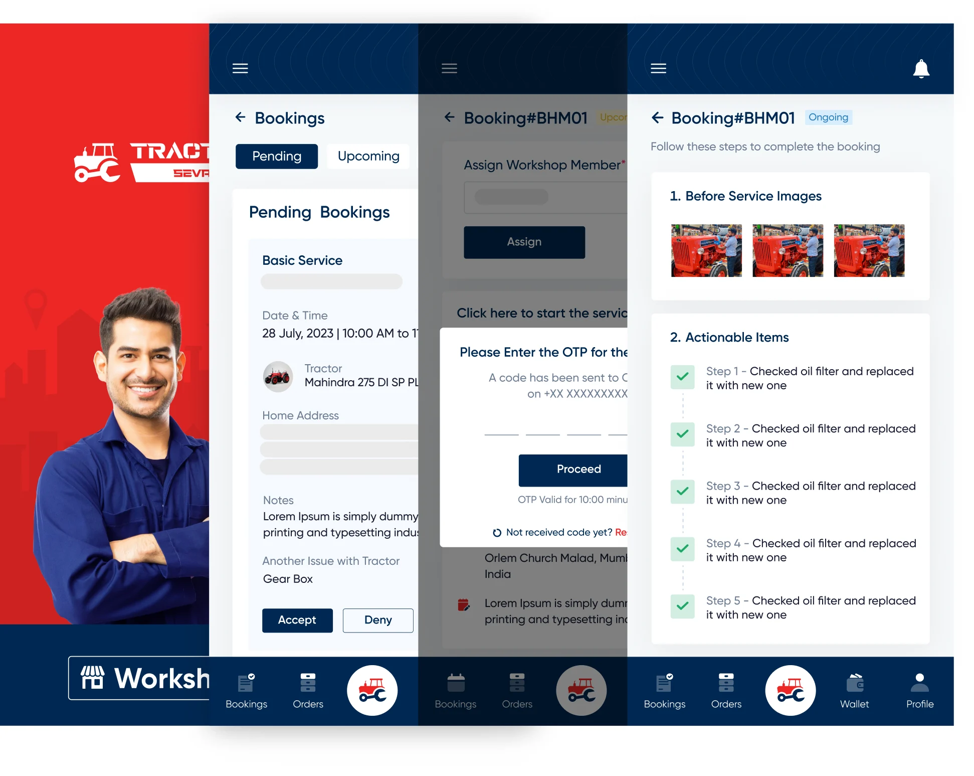 Workshop-app screens — pending bookings with assignment, booking details with before-service images, service steps and OTP-verified completion.