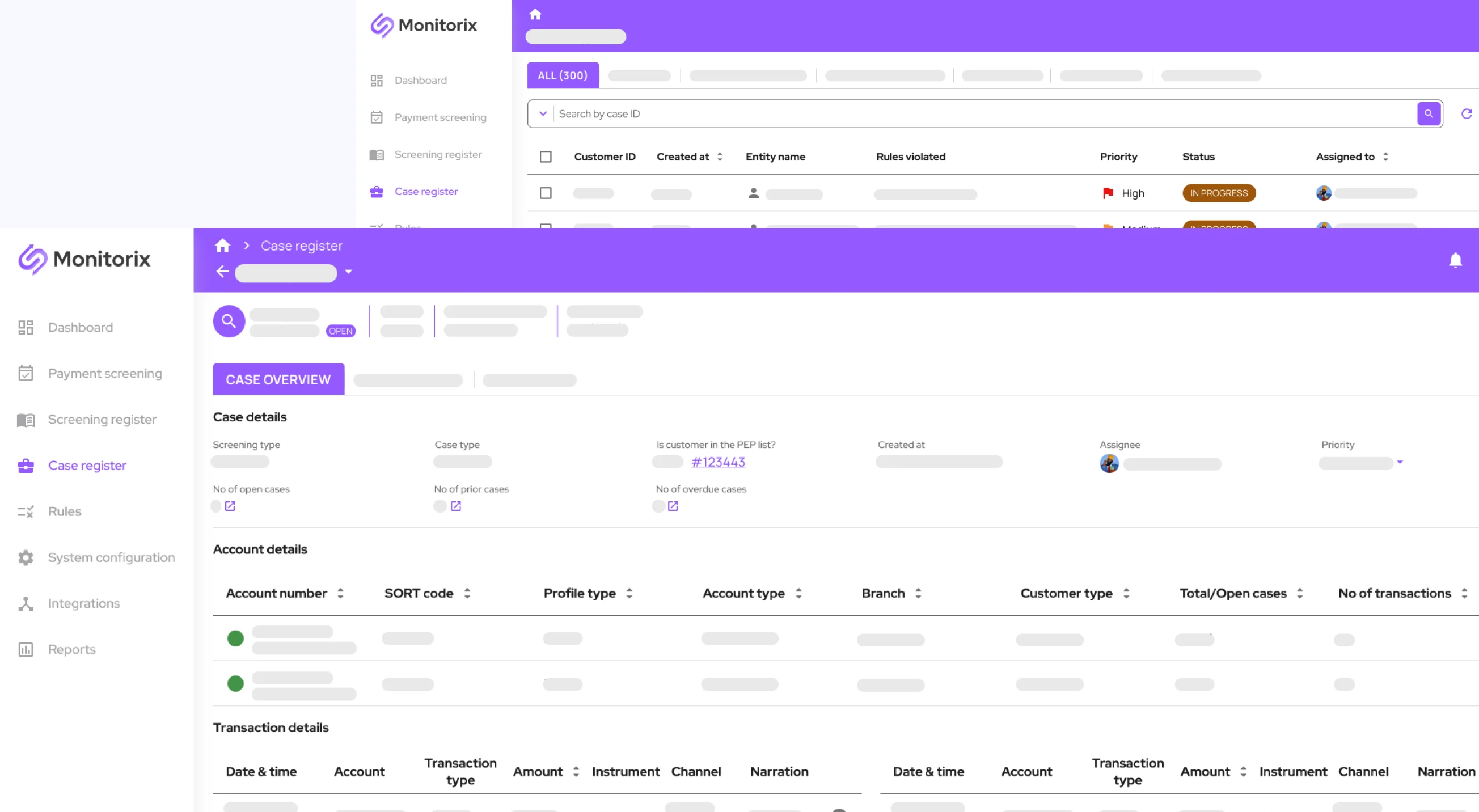 The case management workspace — alerts assigned to analysts with investigation notes, decisions and status tracking.
