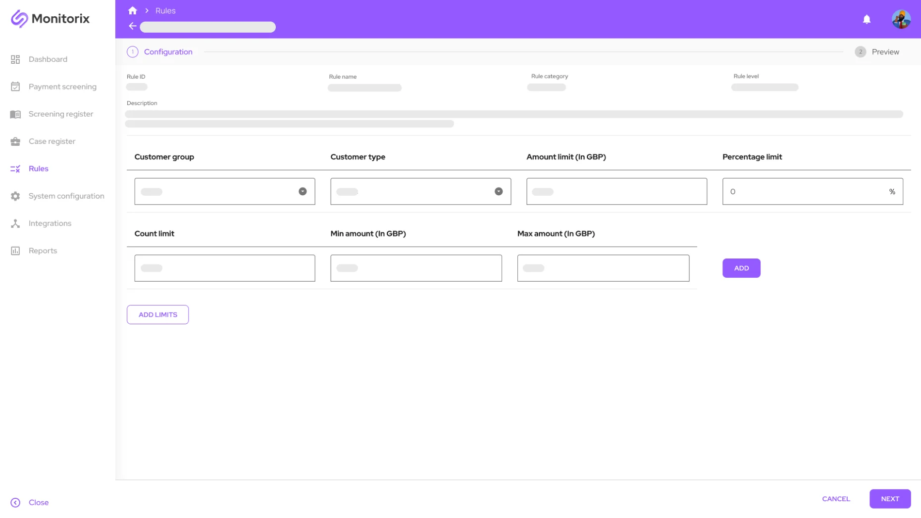 The monitoring engine's configuration view — scenarios and thresholds tuned per institution without code changes.