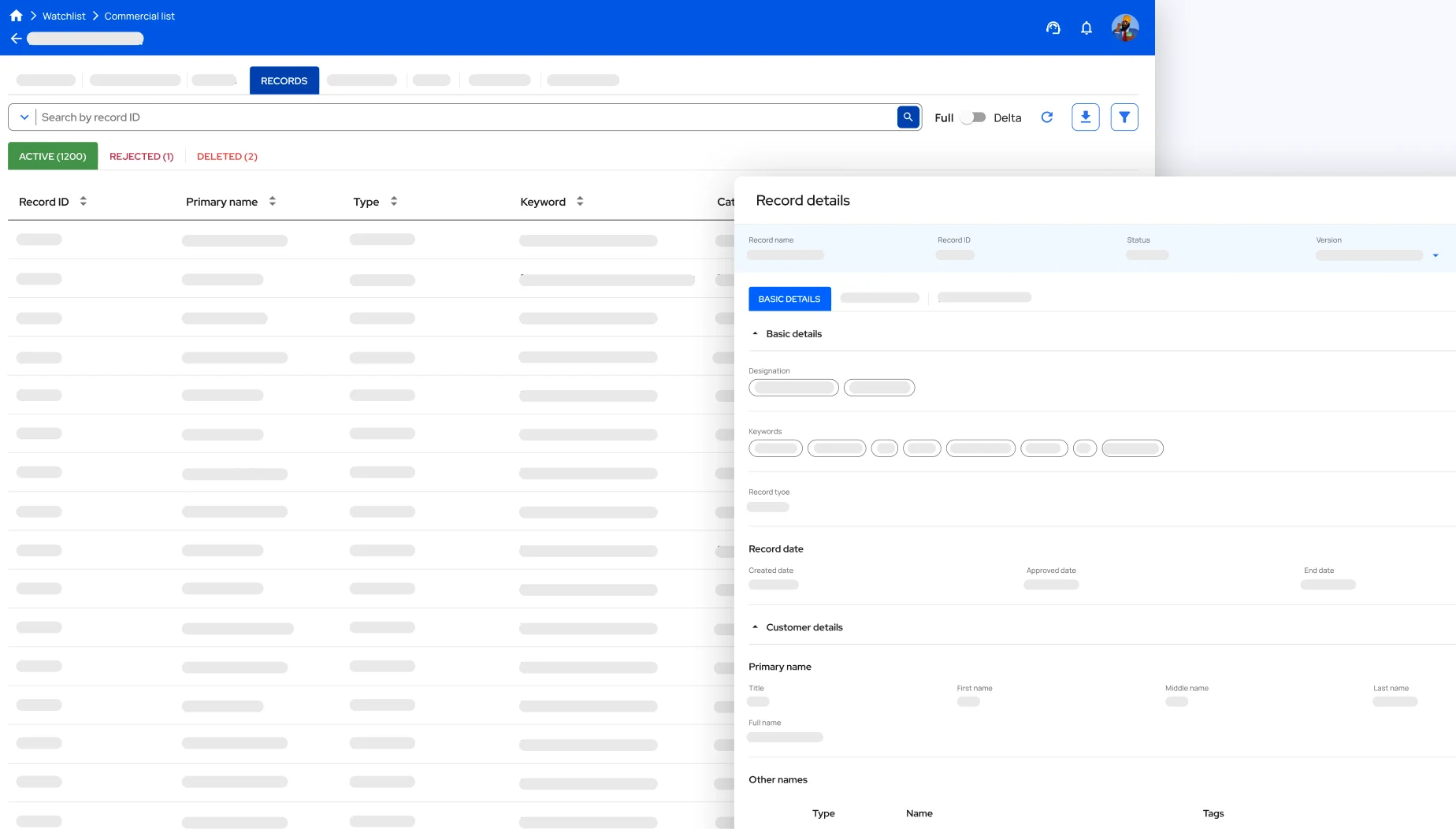 The records view of an ingested commercial list — normalised entries with record IDs, statuses and versions beside the add-source panel.