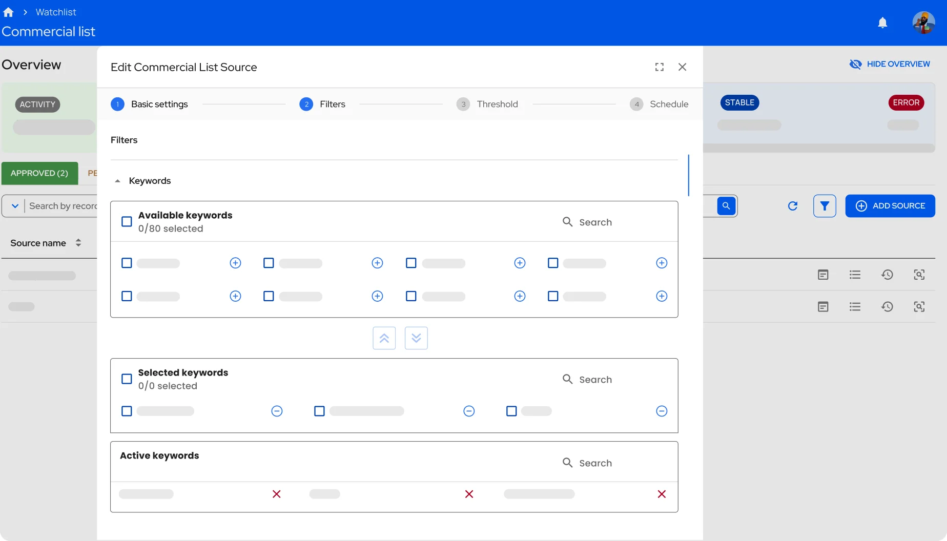 Platform activity and job-status views — ingestion runs and processing jobs tracked across large list volumes.