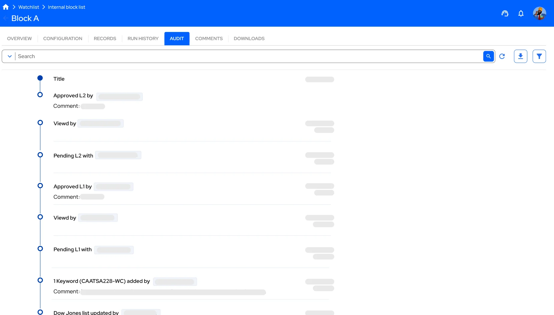 A record's edit view with version history — every change tracked with editor, timestamp and status for audit-ready traceability.